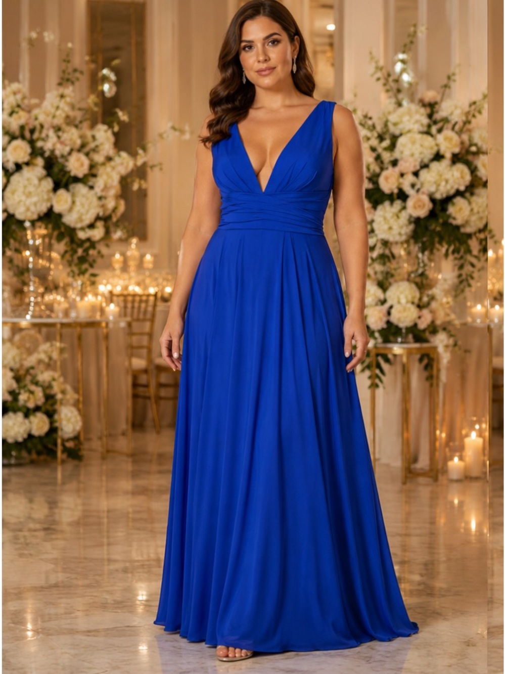 Mac Duggal Royal Blue V-Neck Maxi Gown with High Slit